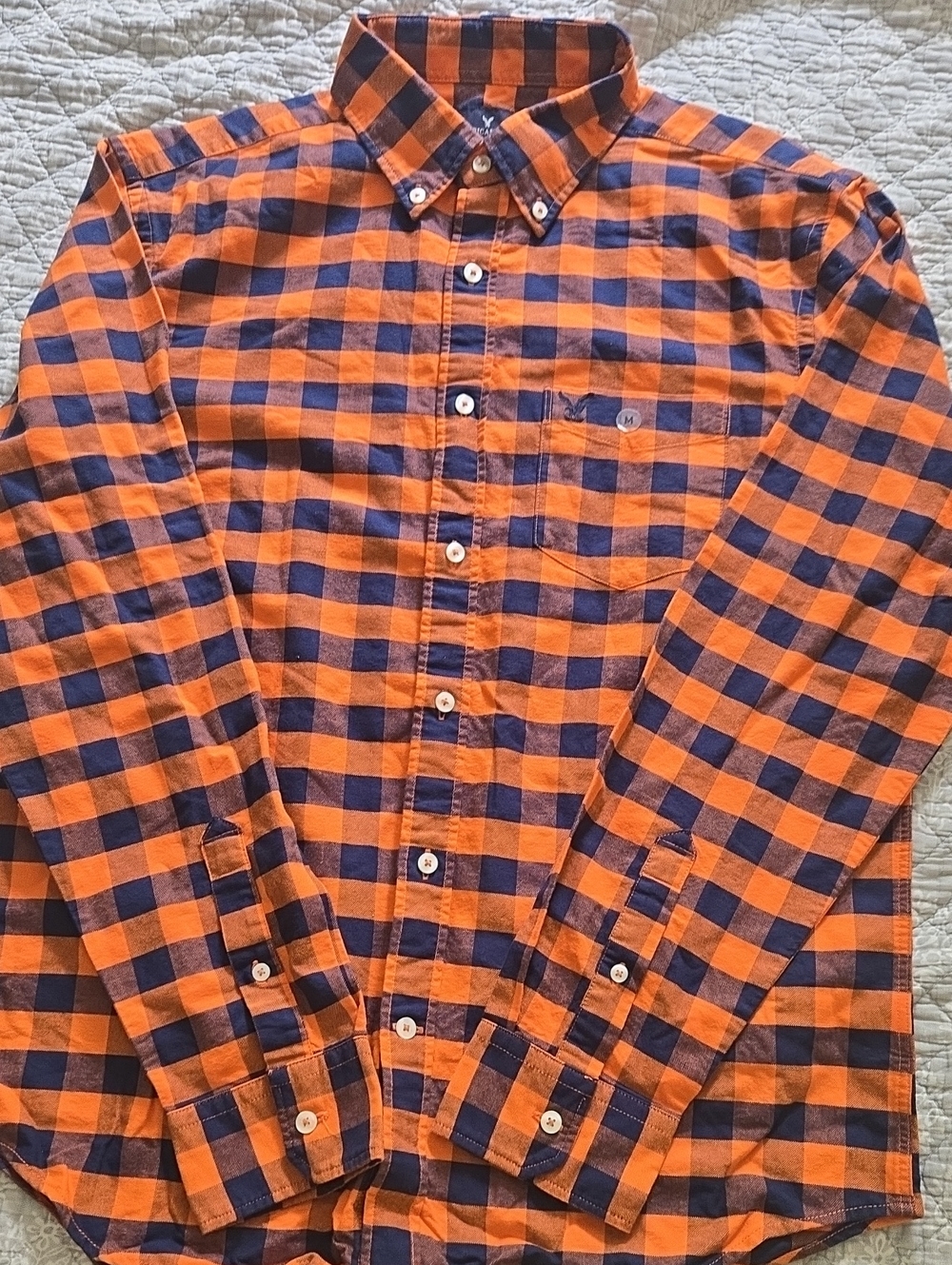 American Eagle Outfitters Orange and Navy Check Button-Down Shirt New